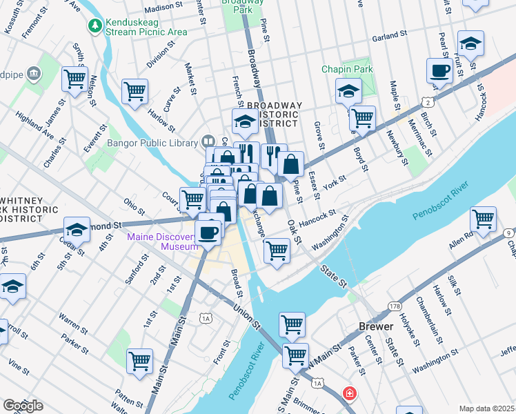 map of restaurants, bars, coffee shops, grocery stores, and more near 205 Exchange Street in Bangor