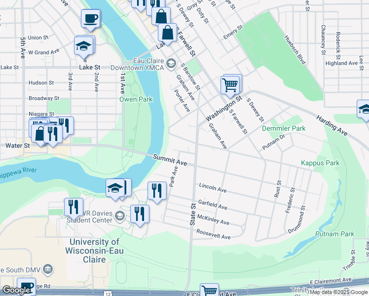 map of restaurants, bars, coffee shops, grocery stores, and more near 210 Oakwood Place in Eau Claire