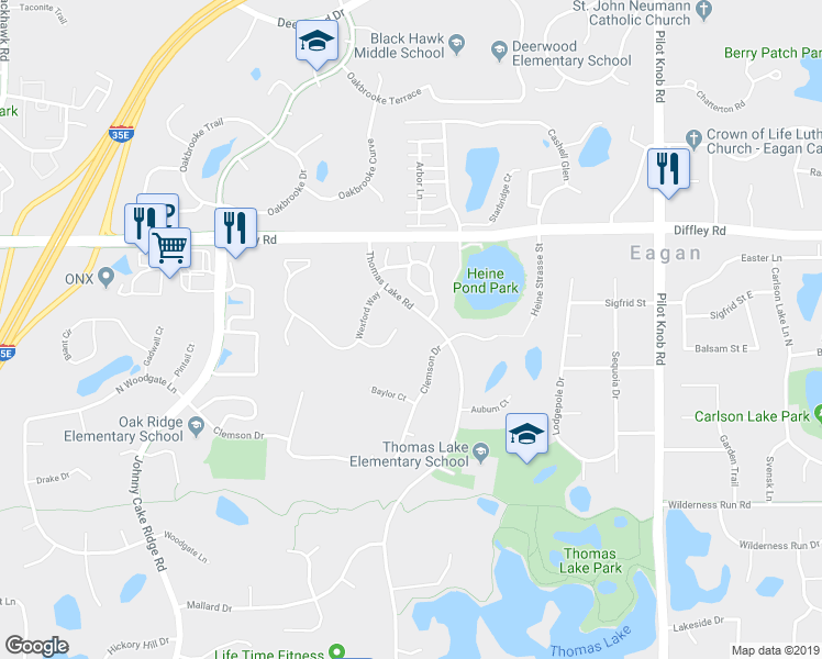 map of restaurants, bars, coffee shops, grocery stores, and more near 1542 Wexford Court in Eagan