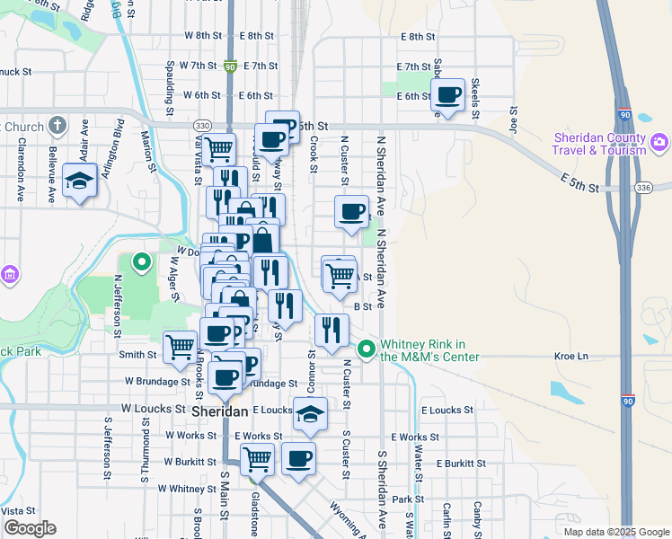 map of restaurants, bars, coffee shops, grocery stores, and more near 403 North Custer Street in Sheridan