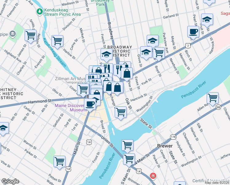 map of restaurants, bars, coffee shops, grocery stores, and more near 205 Exchange Street in Bangor