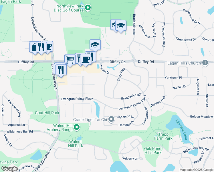map of restaurants, bars, coffee shops, grocery stores, and more near 945 Curry Trail in Eagan