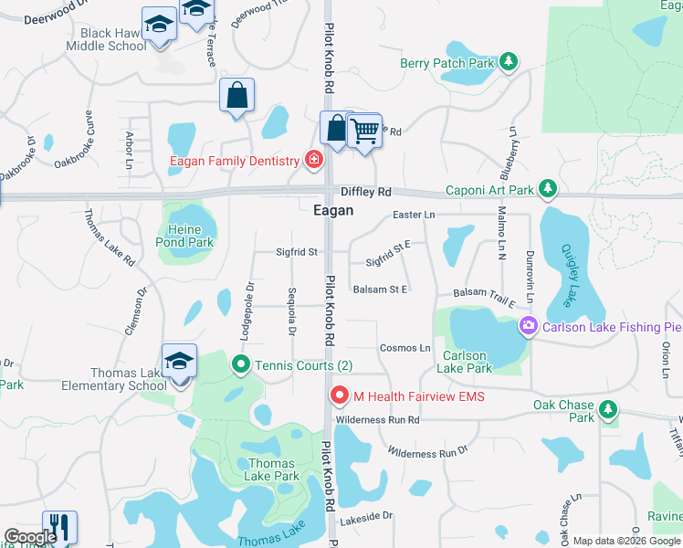 map of restaurants, bars, coffee shops, grocery stores, and more near 1381 Easter Lane in Eagan