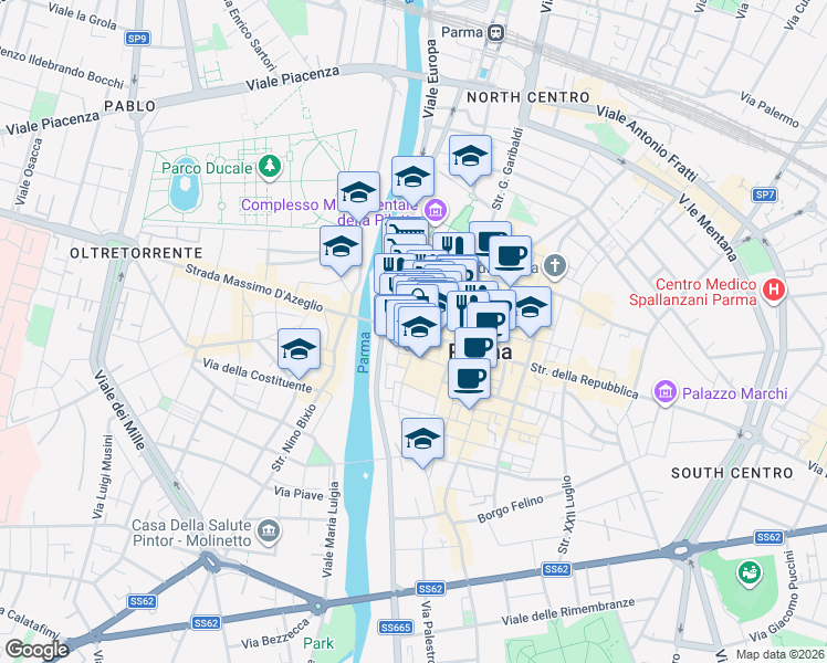 map of restaurants, bars, coffee shops, grocery stores, and more near 1 Piazza San Bartolomeo in Parma