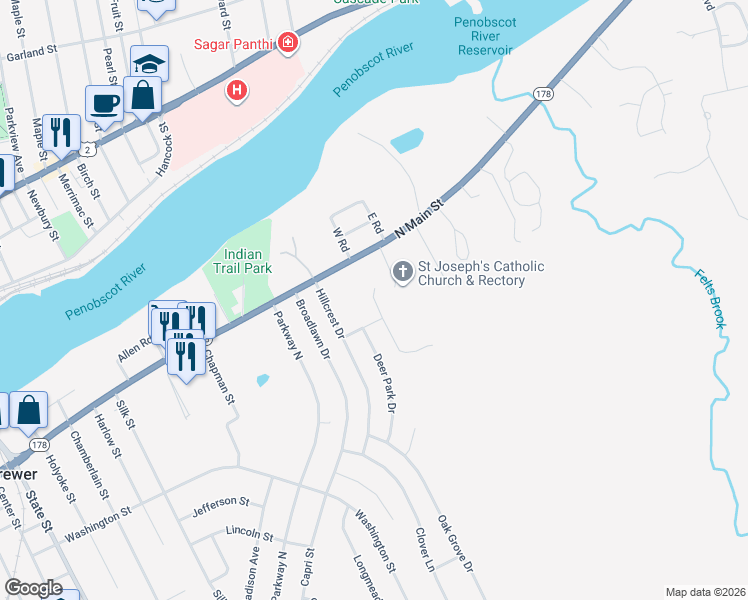 map of restaurants, bars, coffee shops, grocery stores, and more near 11 Bayberry Road in Brewer