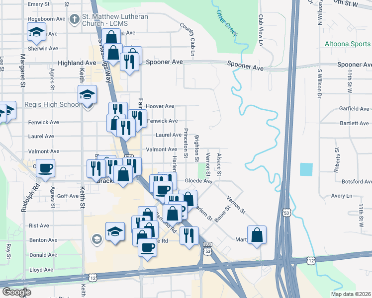 map of restaurants, bars, coffee shops, grocery stores, and more near Princeton Street in Altoona