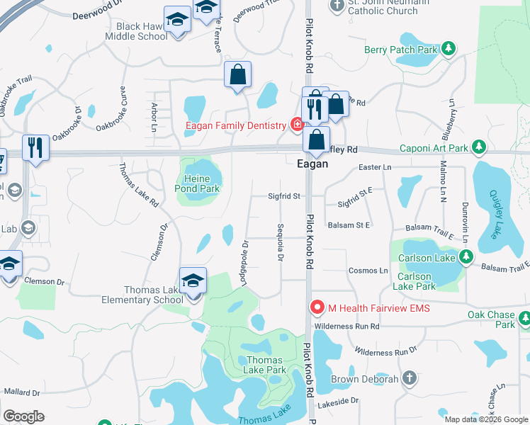 map of restaurants, bars, coffee shops, grocery stores, and more near 1439 Hemlock Circle in Eagan