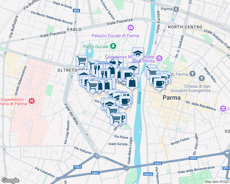 map of restaurants, bars, coffee shops, grocery stores, and more near 37a Borgo Marodolo in Parma