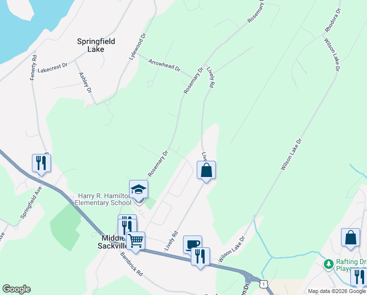 map of restaurants, bars, coffee shops, grocery stores, and more near 18 Marigold Drive in Middle Sackville