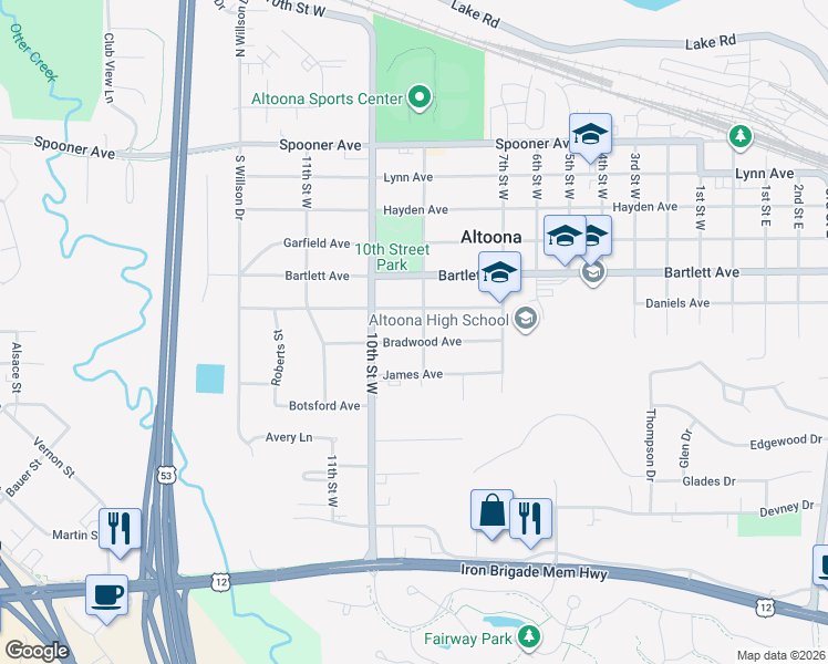 map of restaurants, bars, coffee shops, grocery stores, and more near 2304 Bradwood Avenue in Altoona