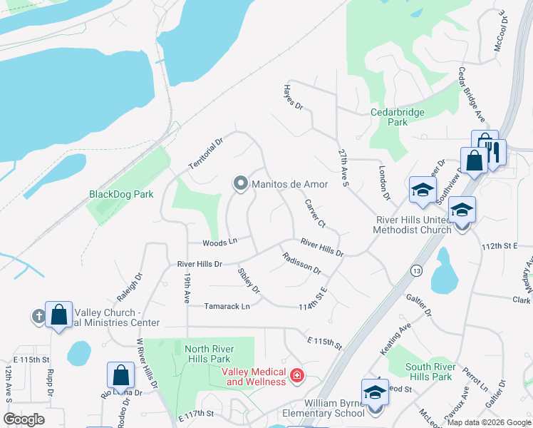 map of restaurants, bars, coffee shops, grocery stores, and more near 11112 Radisson Court in Burnsville