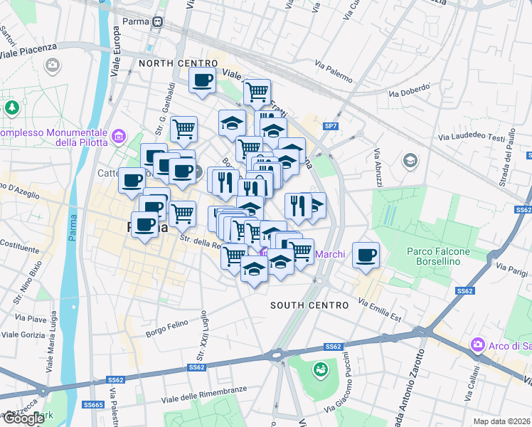 map of restaurants, bars, coffee shops, grocery stores, and more near 9 Via Corso Corsi in Parma