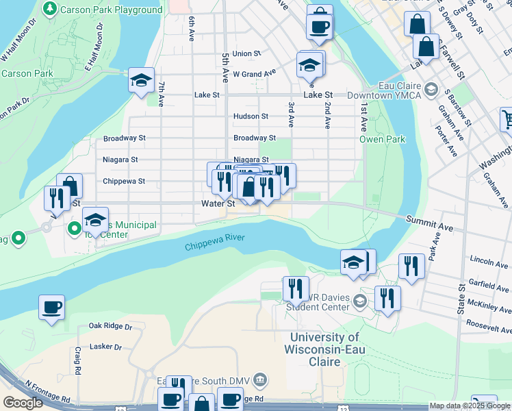 map of restaurants, bars, coffee shops, grocery stores, and more near 401 Water Street in Eau Claire