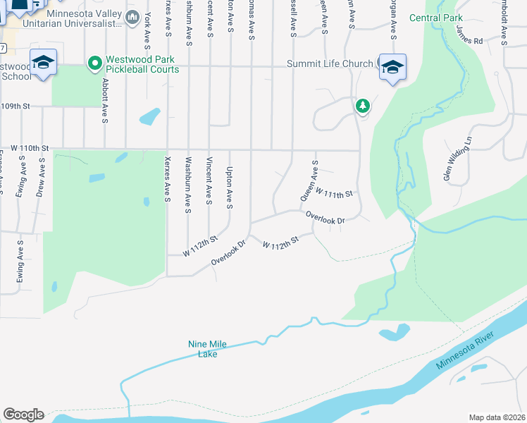 map of restaurants, bars, coffee shops, grocery stores, and more near 2600 Overlook Drive in Minneapolis