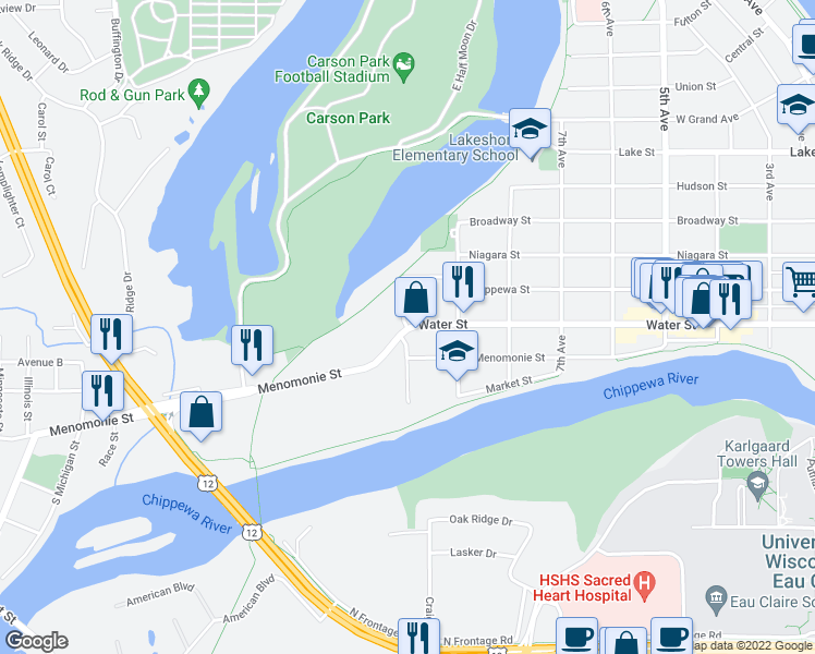 map of restaurants, bars, coffee shops, grocery stores, and more near Water St & 10th Ave in Eau Claire