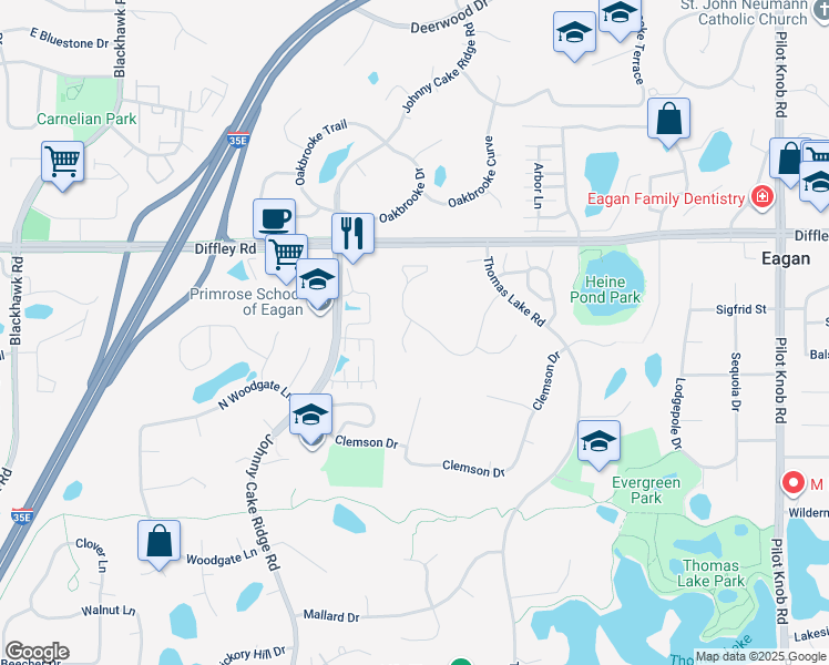 map of restaurants, bars, coffee shops, grocery stores, and more near 1600 Wexford Circle in Eagan