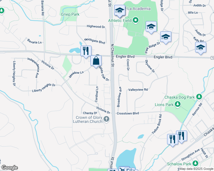 map of restaurants, bars, coffee shops, grocery stores, and more near 1389 White Oak Drive in Chaska
