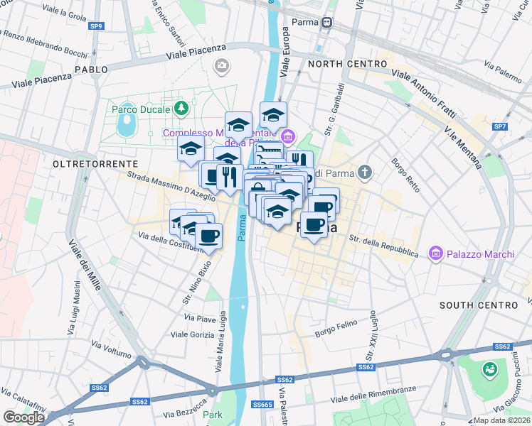 map of restaurants, bars, coffee shops, grocery stores, and more near 11A Galleria Polidoro in Parma