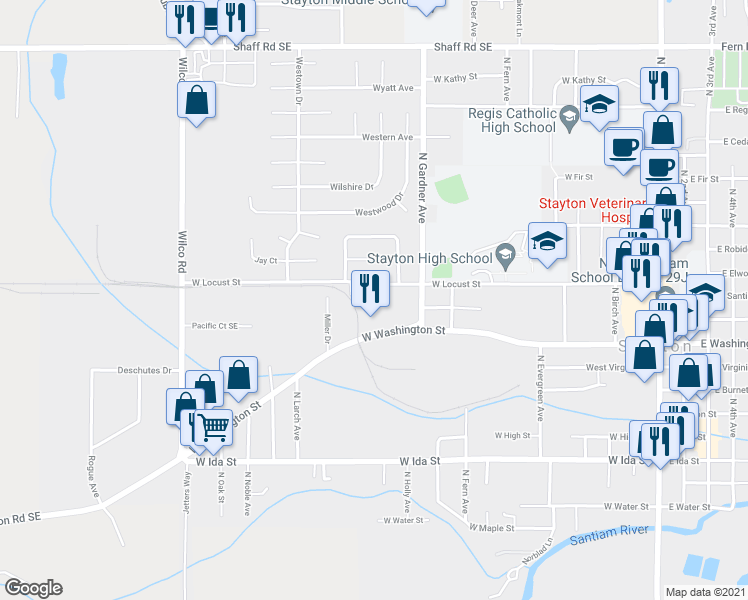 map of restaurants, bars, coffee shops, grocery stores, and more near 1222-1276 West Locust Street in Stayton