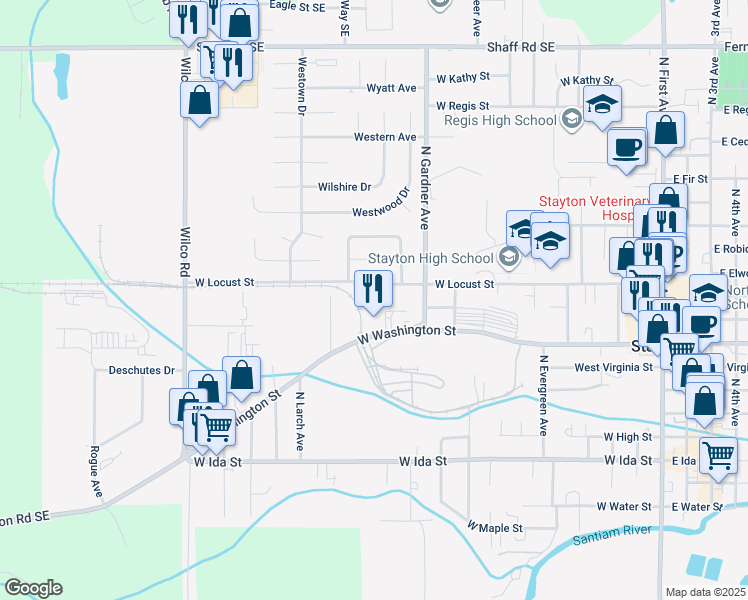 map of restaurants, bars, coffee shops, grocery stores, and more near 1222-1276 West Locust Street in Stayton
