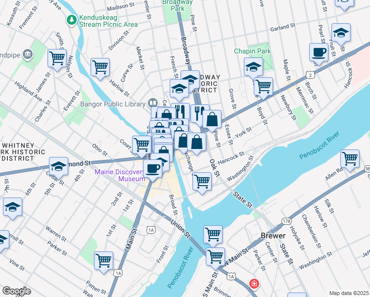 map of restaurants, bars, coffee shops, grocery stores, and more near 205 Exchange Street in Bangor