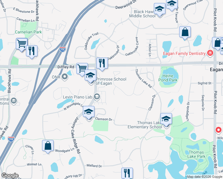 map of restaurants, bars, coffee shops, grocery stores, and more near 1600 Wexford Circle in Eagan