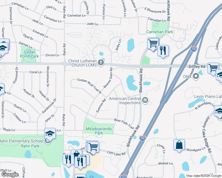 map of restaurants, bars, coffee shops, grocery stores, and more near 4257 Sunrise Road in Eagan