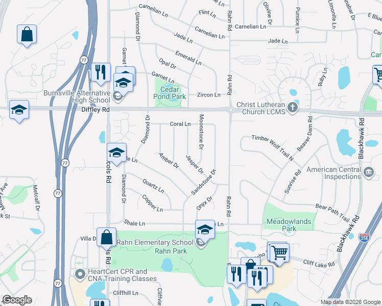 map of restaurants, bars, coffee shops, grocery stores, and more near 4271 Jasper Drive in Eagan