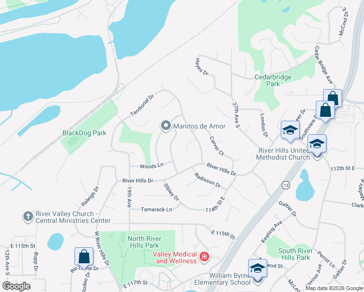 map of restaurants, bars, coffee shops, grocery stores, and more near 11112 Radisson Court in Burnsville