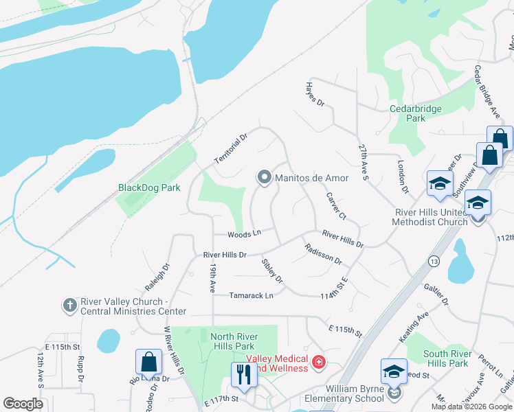 map of restaurants, bars, coffee shops, grocery stores, and more near 11101 Schoolcraft Road in Burnsville