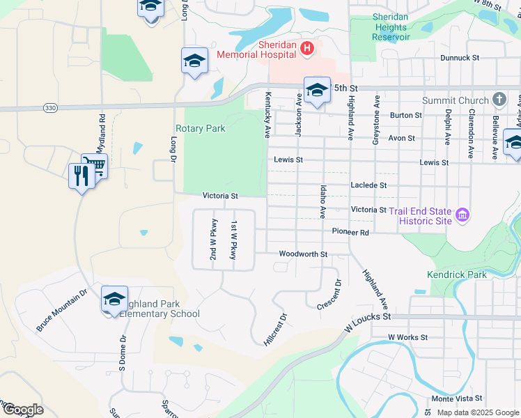 map of restaurants, bars, coffee shops, grocery stores, and more near 457 East Mountain View Drive in Sheridan