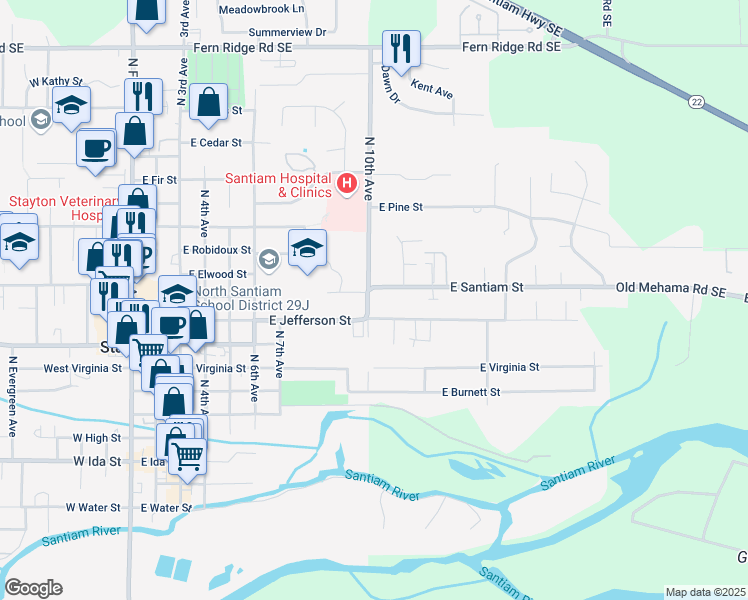 map of restaurants, bars, coffee shops, grocery stores, and more near 940 North 10th Avenue in Stayton