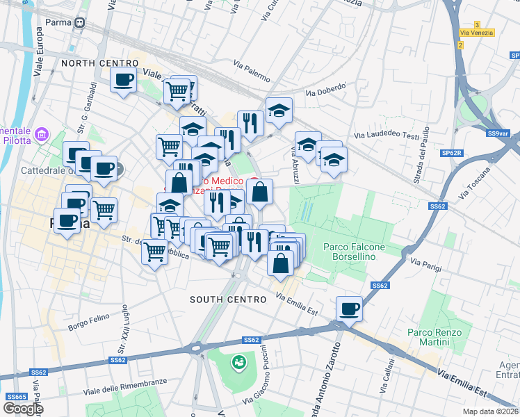 map of restaurants, bars, coffee shops, grocery stores, and more near 21 Viale Mentana in Parma