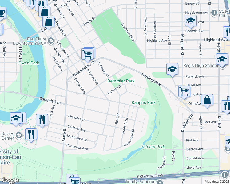 map of restaurants, bars, coffee shops, grocery stores, and more near 1304 Rust Street in Eau Claire