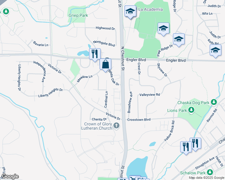 map of restaurants, bars, coffee shops, grocery stores, and more near 1389 White Oak Drive in Chaska