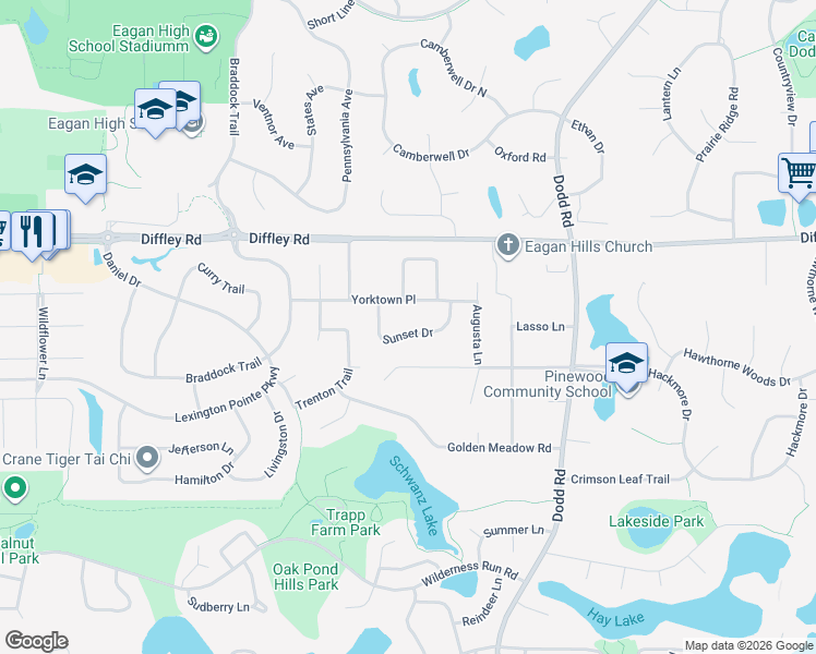 map of restaurants, bars, coffee shops, grocery stores, and more near 789 Sunset Drive in Eagan