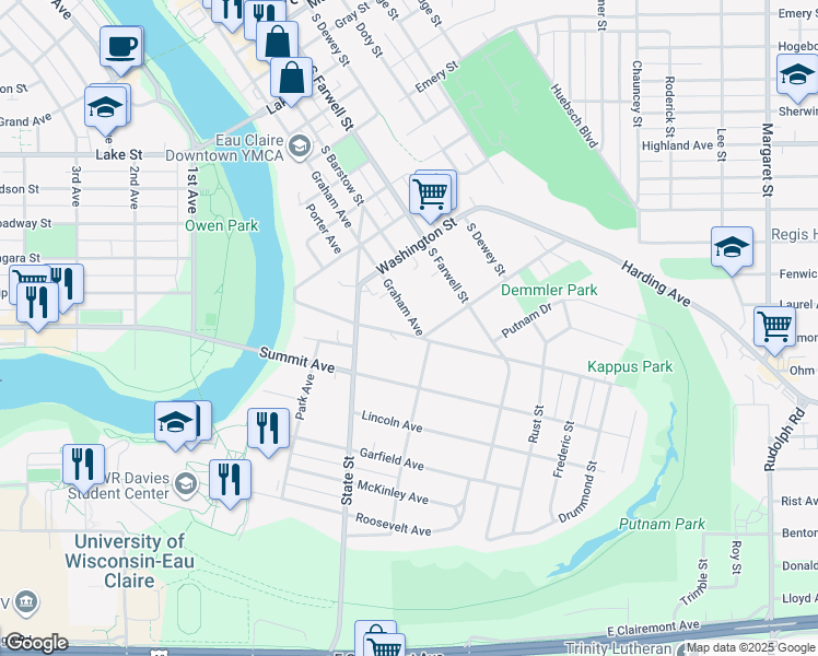 map of restaurants, bars, coffee shops, grocery stores, and more near 340 Gilbert Avenue in Eau Claire