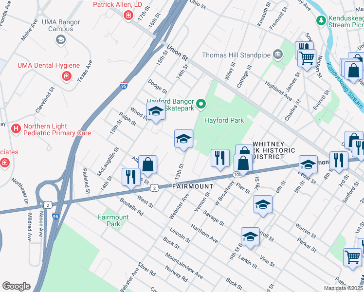 map of restaurants, bars, coffee shops, grocery stores, and more near 58 13th Street in Bangor