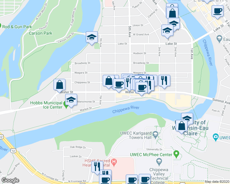map of restaurants, bars, coffee shops, grocery stores, and more near Water St & 6th Ave in Eau Claire