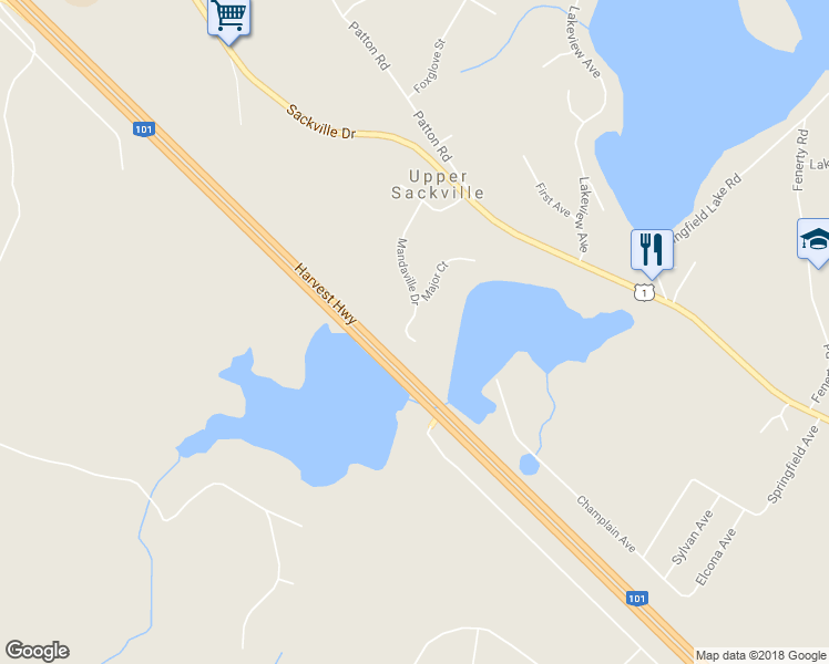 map of restaurants, bars, coffee shops, grocery stores, and more near 72 Mandaville Drive in Upper Sackville