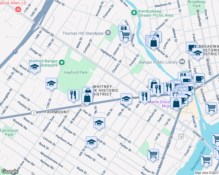 map of restaurants, bars, coffee shops, grocery stores, and more near 16 Hayward Street in Bangor