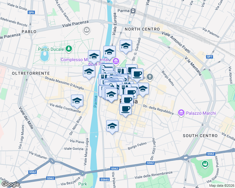 map of restaurants, bars, coffee shops, grocery stores, and more near 1 Piazza San Bartolomeo in Parma