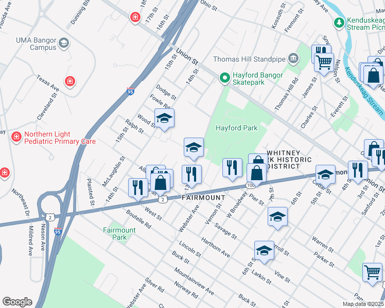 map of restaurants, bars, coffee shops, grocery stores, and more near 58 13th Street in Bangor