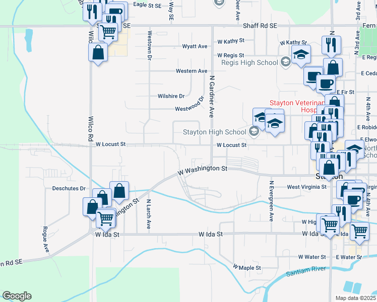 map of restaurants, bars, coffee shops, grocery stores, and more near 1222-1276 West Locust Street in Stayton