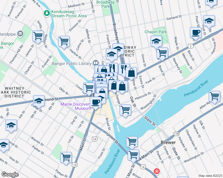 map of restaurants, bars, coffee shops, grocery stores, and more near 205 Exchange Street in Bangor