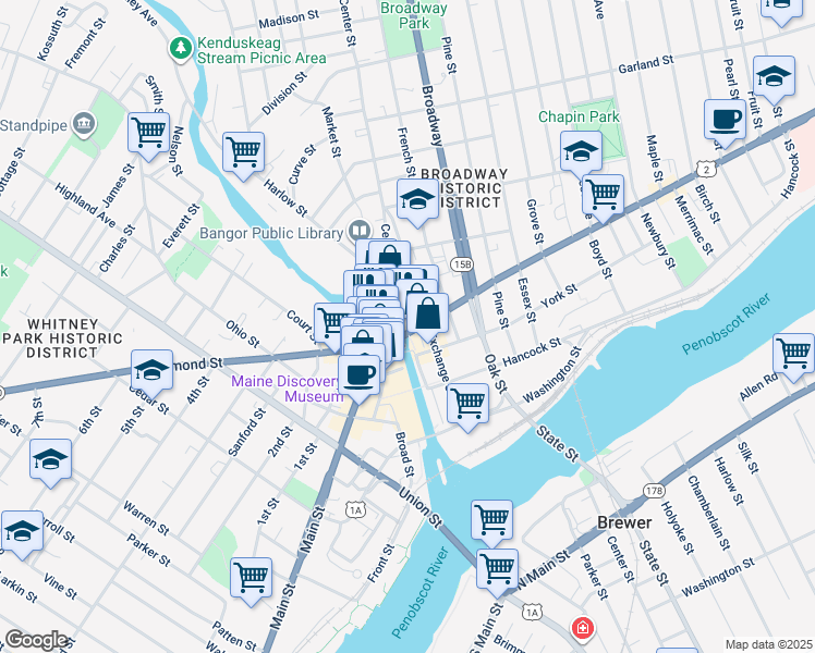 map of restaurants, bars, coffee shops, grocery stores, and more near in Bangor