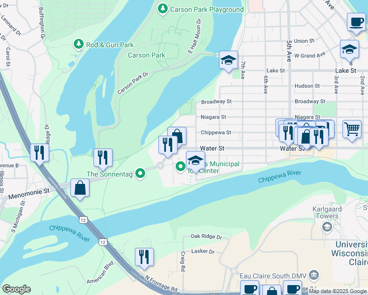 map of restaurants, bars, coffee shops, grocery stores, and more near in Eau Claire