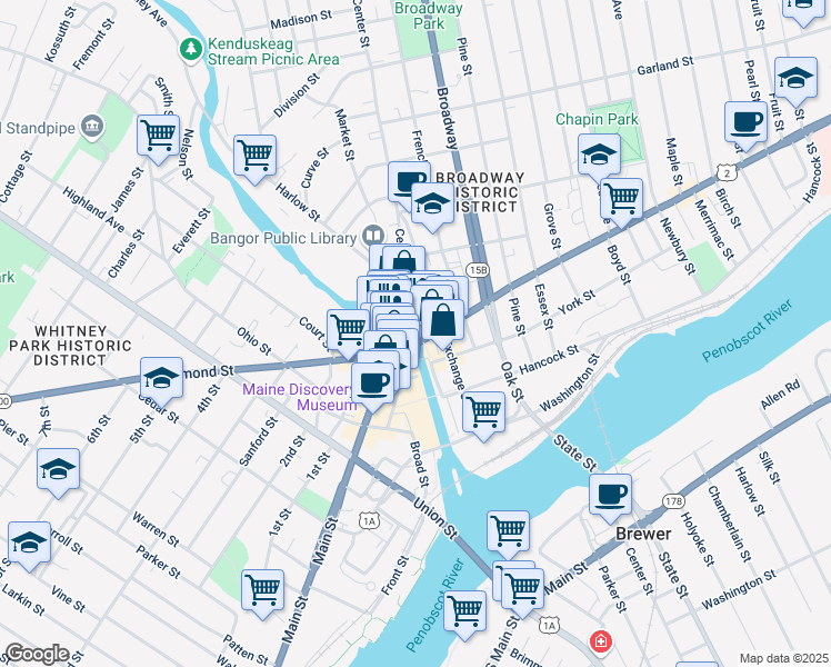 map of restaurants, bars, coffee shops, grocery stores, and more near 100 Broad Street in Bangor