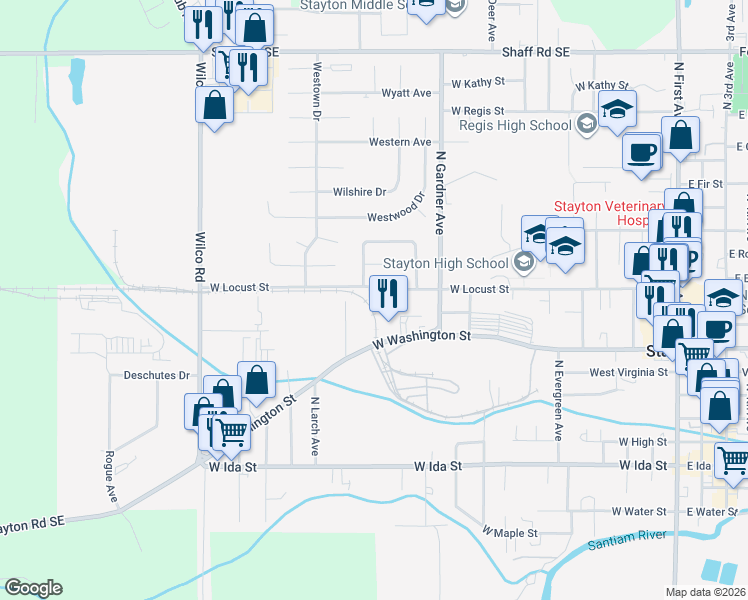 map of restaurants, bars, coffee shops, grocery stores, and more near 1340 West Locust Street in Stayton