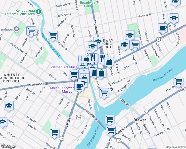 map of restaurants, bars, coffee shops, grocery stores, and more near 205 Exchange Street in Bangor